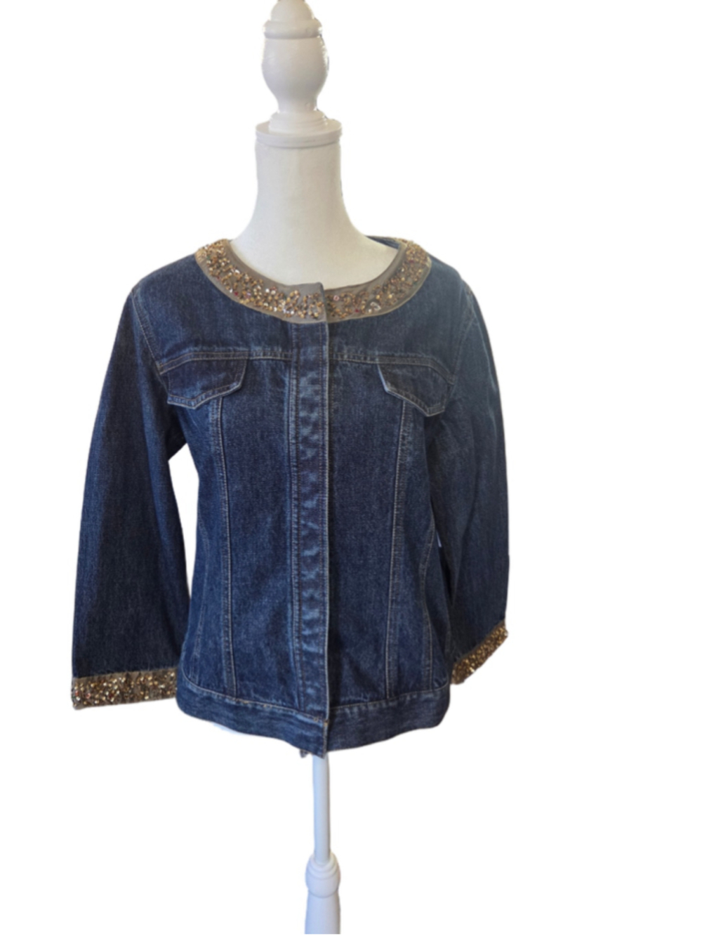 Women's First Issue Jean Jacket Size L Blue Gold Sequin Embellished